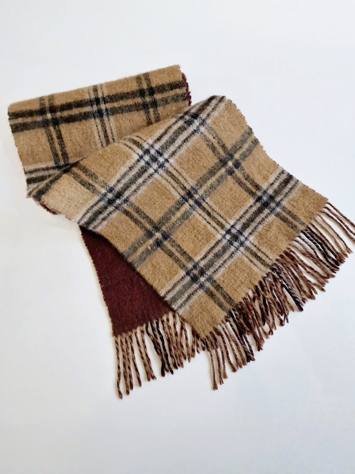 Vintage Burgundy and Camel Checked Wool Scarf