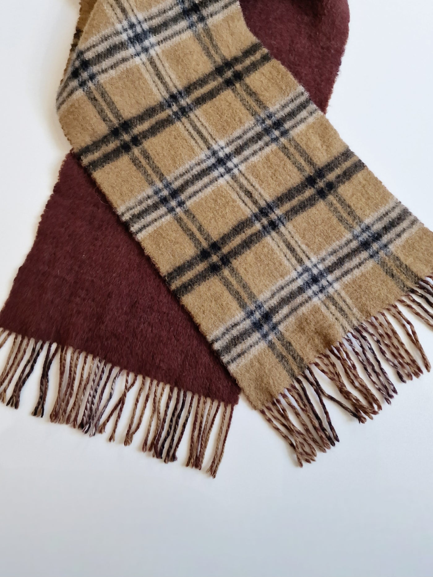 Vintage Burgundy and Camel Checked Wool Scarf