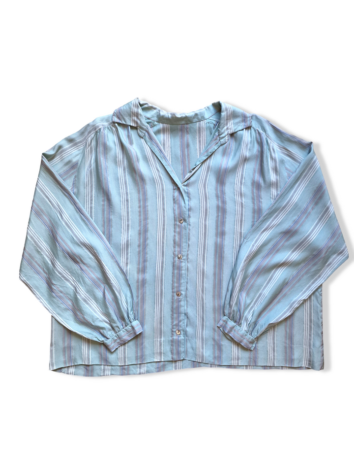 Vintage Pure Silk Light Mint Blue Striped Blouse - L