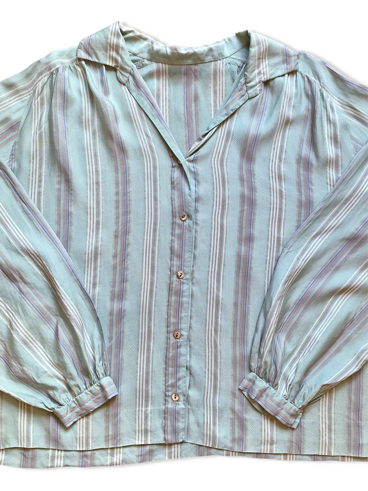 Vintage Pure Silk Light Mint Blue Striped Blouse - L