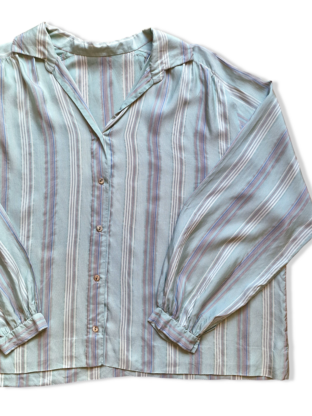 Vintage Pure Silk Light Mint Blue Striped Blouse - L