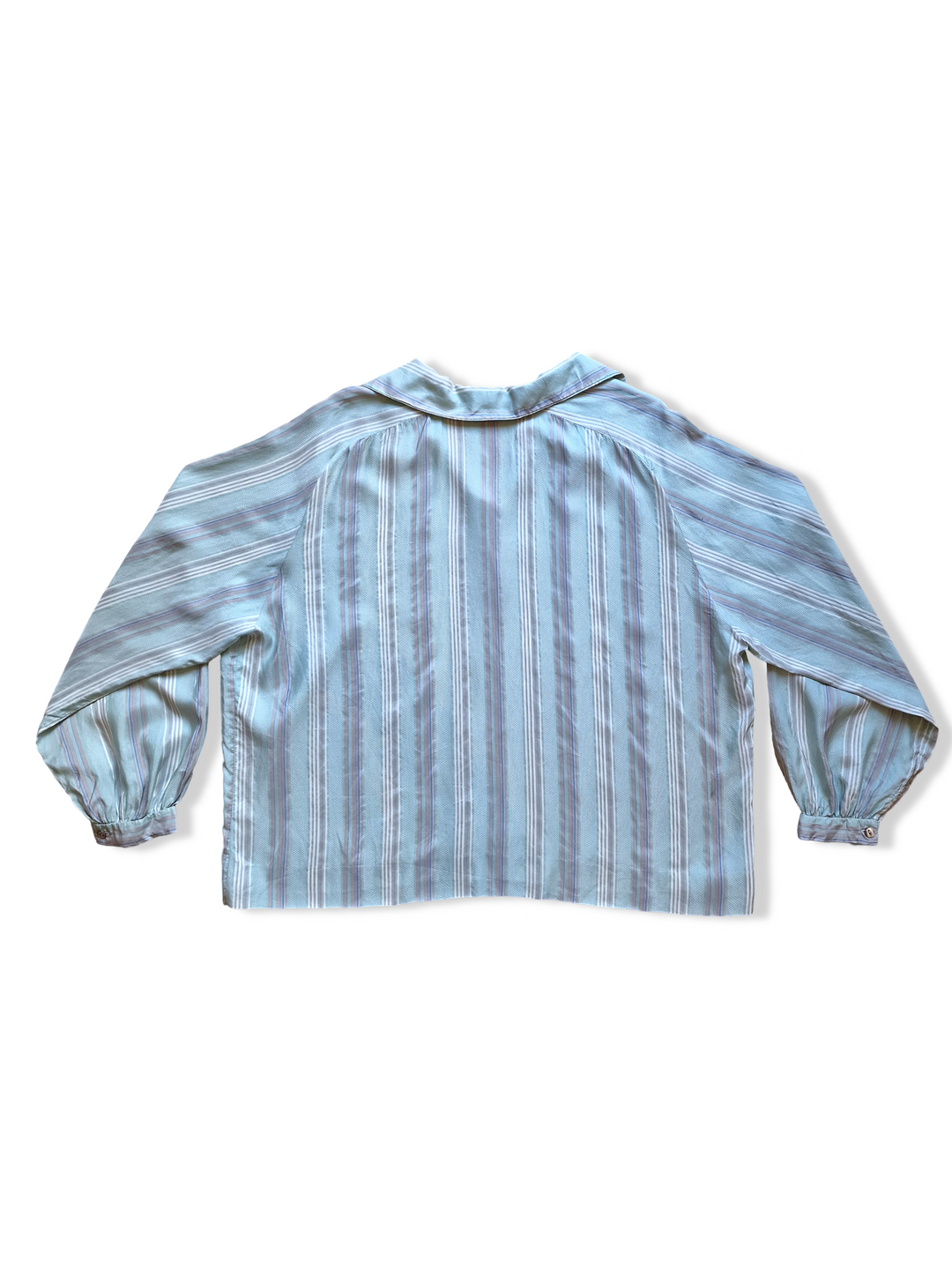 Vintage Pure Silk Light Mint Blue Striped Blouse - L