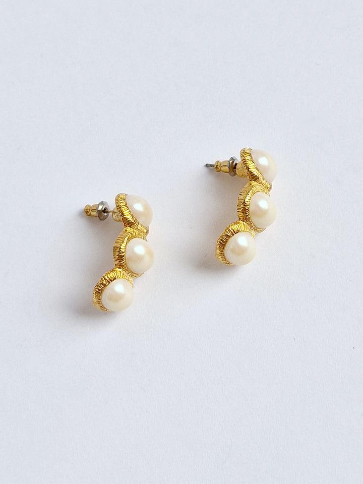 Vintage Gold Plated Half Hoop Triple Pearl Earrings