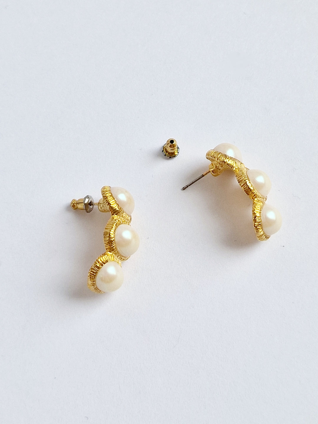 Vintage Gold Plated Half Hoop Triple Pearl Earrings