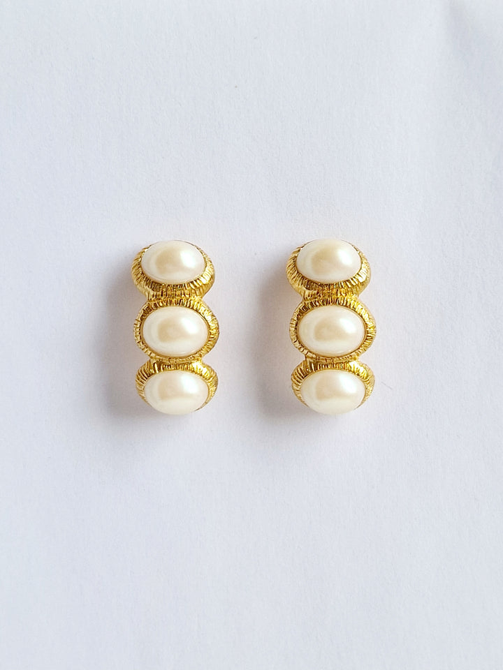 Vintage Gold Plated Half Hoop Triple Pearl Earrings