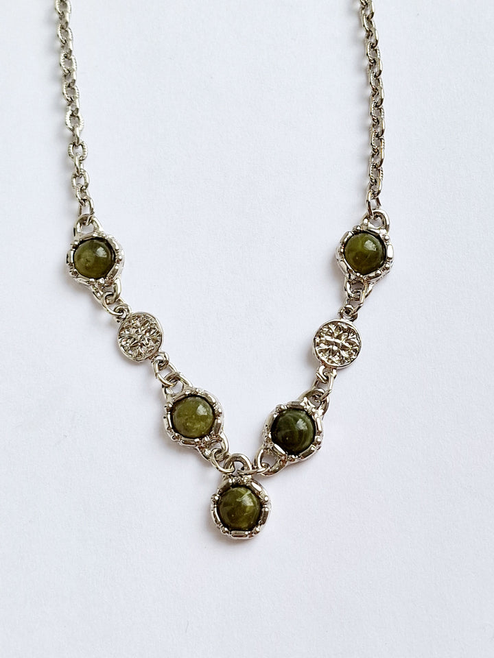 Vintage Silver Plated Statement Chain Necklace with Green Charm by Legacy