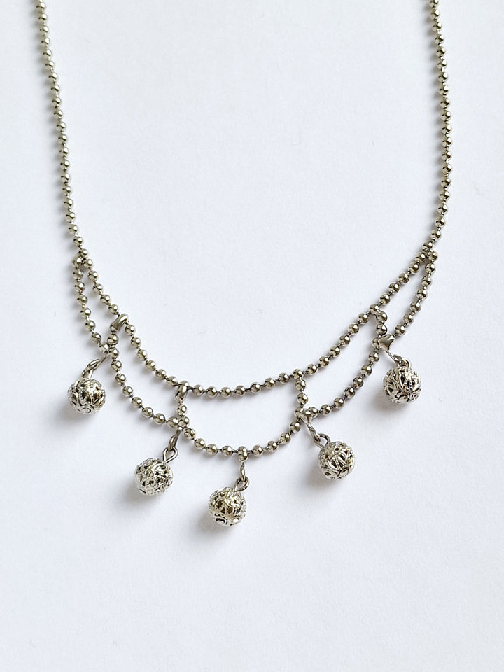 Vintage Silver Plated Ball Chain Necklace with Round Charms