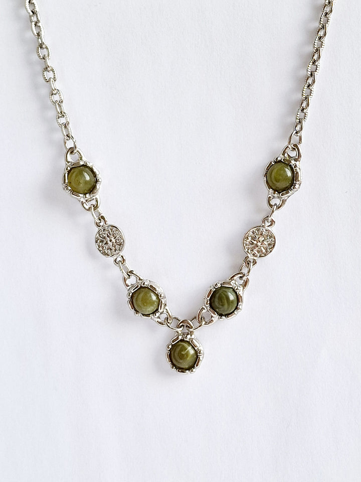 Vintage Silver Plated Statement Chain Necklace with Green Charm by Legacy