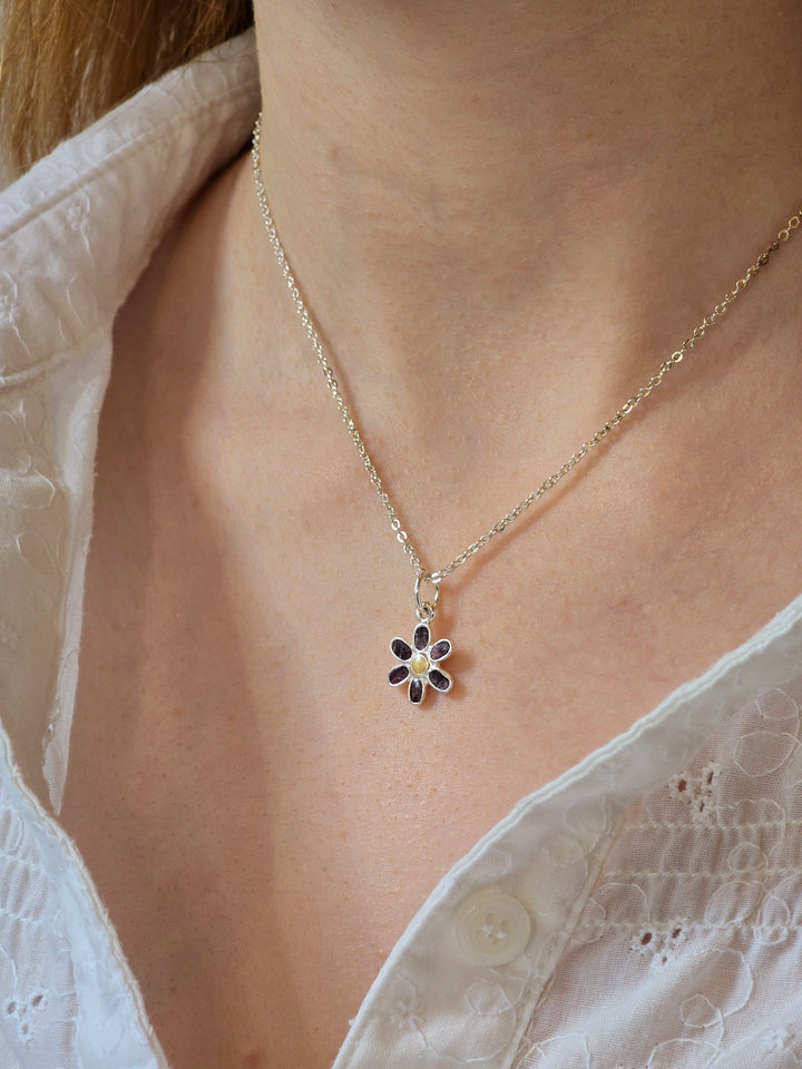 Vintage Silver Plated Cable Chain Necklace with a Purple Enamel Flower Charm