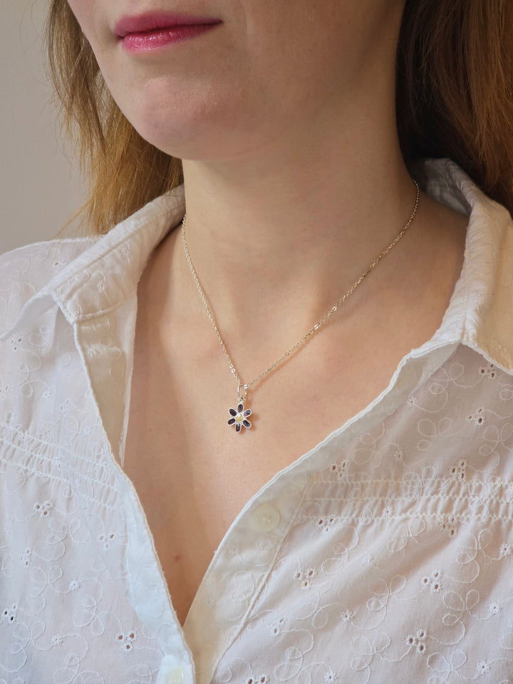 Vintage Silver Plated Cable Chain Necklace with a Purple Enamel Flower Charm