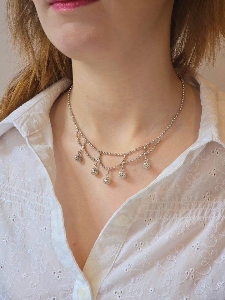 Vintage Silver Plated Ball Chain Necklace with Round Charms