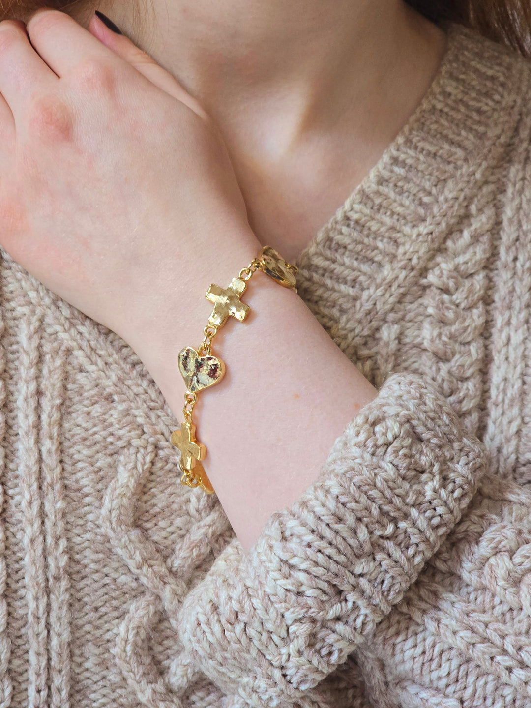 Vintage Gold Plated Chunky Cross & Heart Chain Bracelet