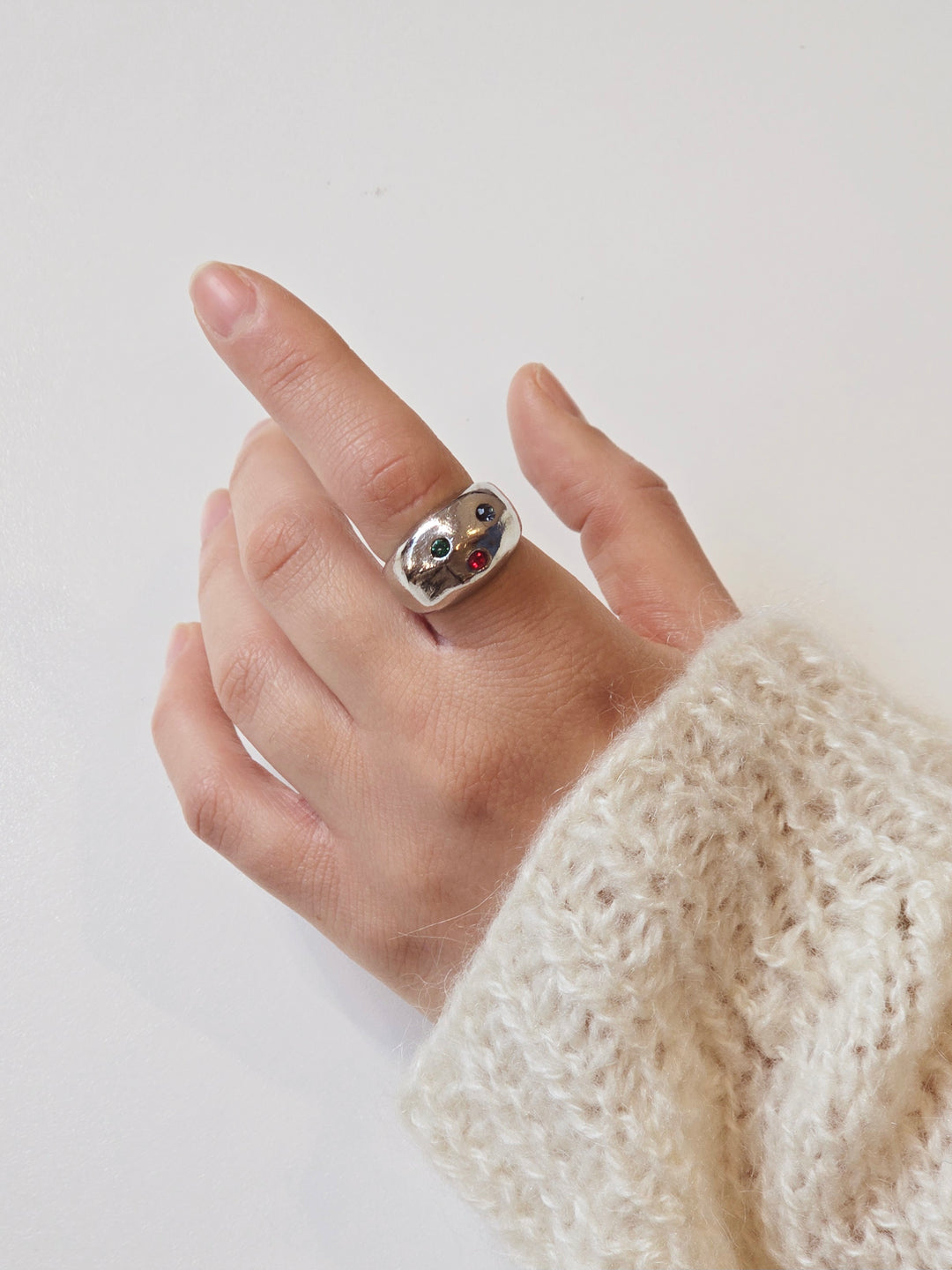 Vintage Silver Plated Chunky Ring with Colourful Crystals