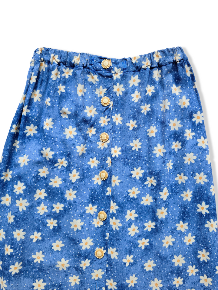 Vintage Handmade Blue and Yellow Floral Print Midi Skirt - S/M