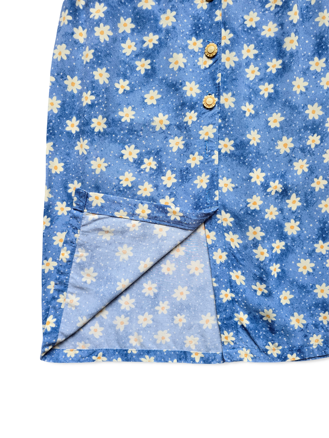 Vintage Handmade Blue and Yellow Floral Print Midi Skirt - S/M