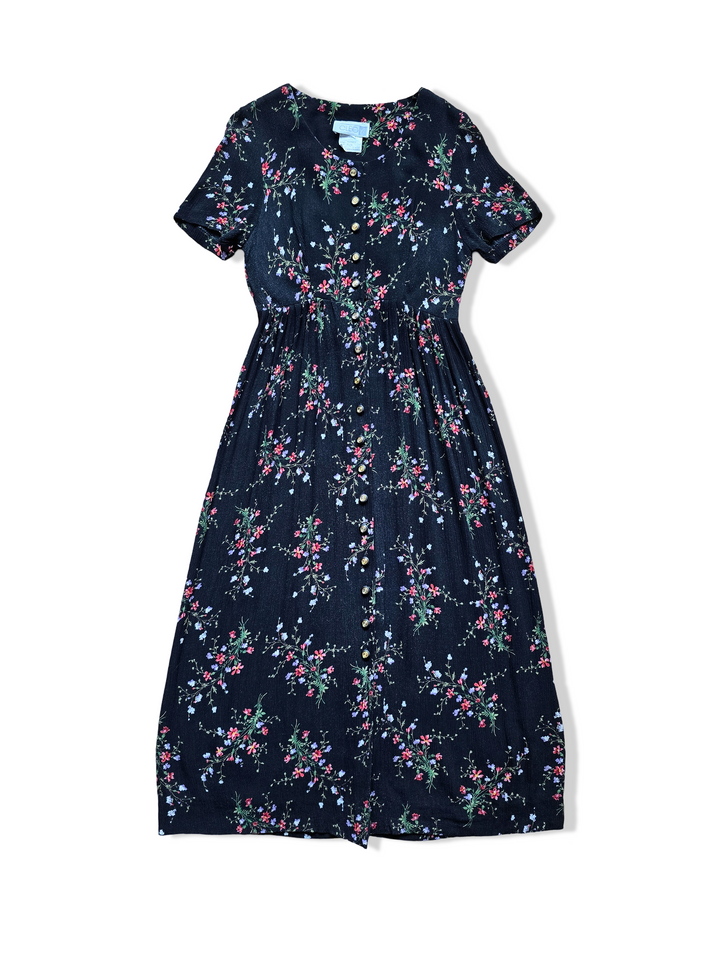 Vintage Black Floral Print Button Down Midi Dress - S