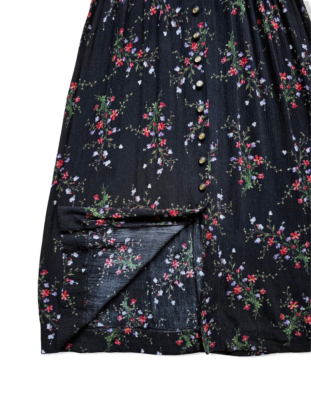 Vintage Black Floral Print Button Down Midi Dress - S