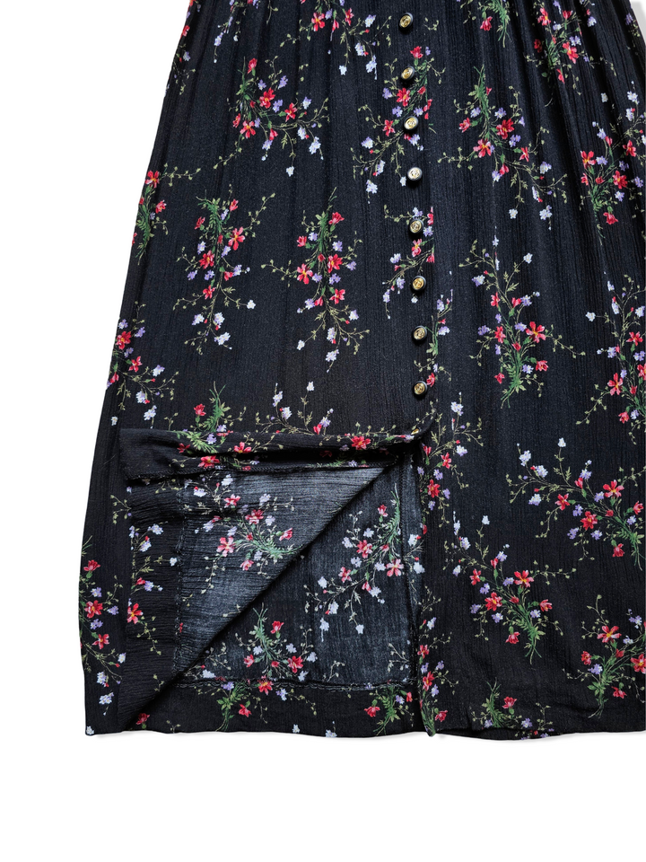 Vintage Black Floral Print Button Down Midi Dress - S
