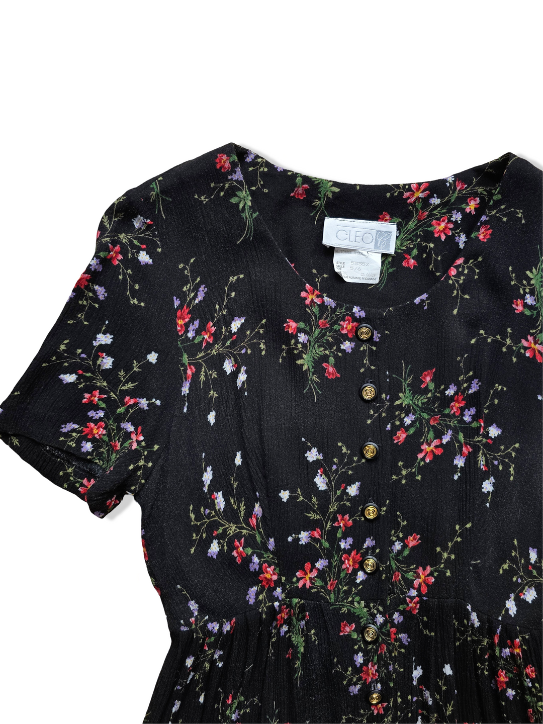 Vintage Black Floral Print Button Down Midi Dress - S