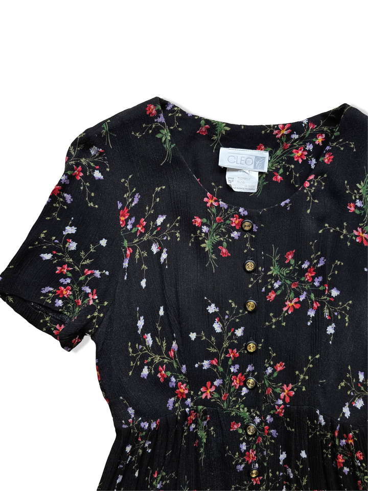 Vintage Black Floral Print Button Down Midi Dress - S
