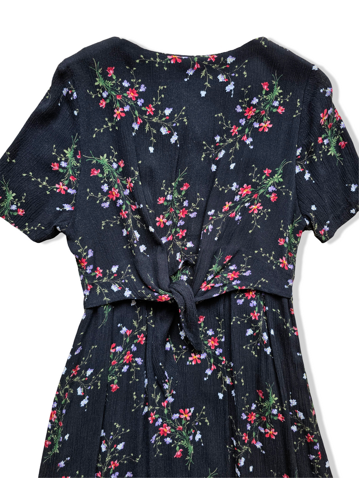 Vintage Black Floral Print Button Down Midi Dress - S