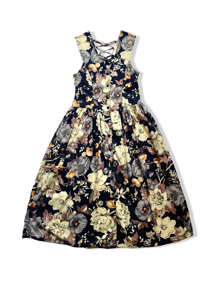 Vintage 80s Navy Button Down Bold Floral Print Dress - XS/S