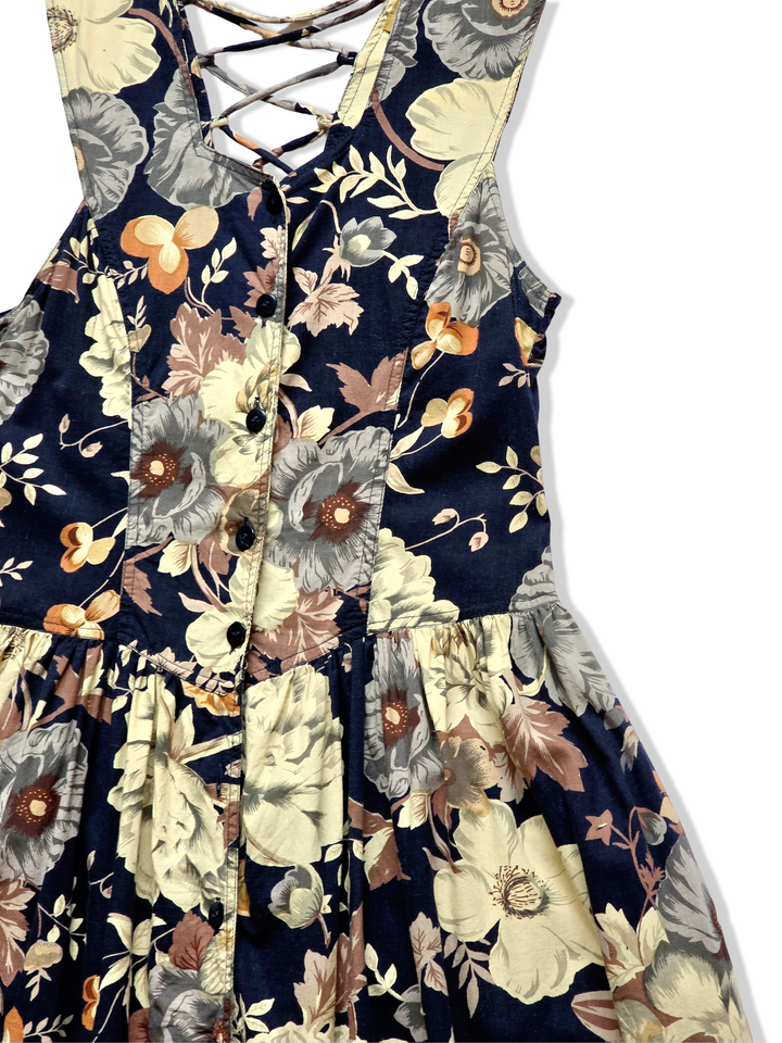 Vintage 80s Navy Button Down Bold Floral Print Dress - XS/S