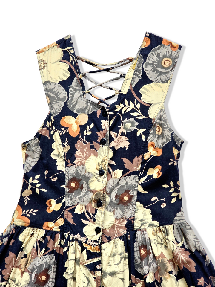 Vintage 80s Navy Button Down Bold Floral Print Dress - XS/S