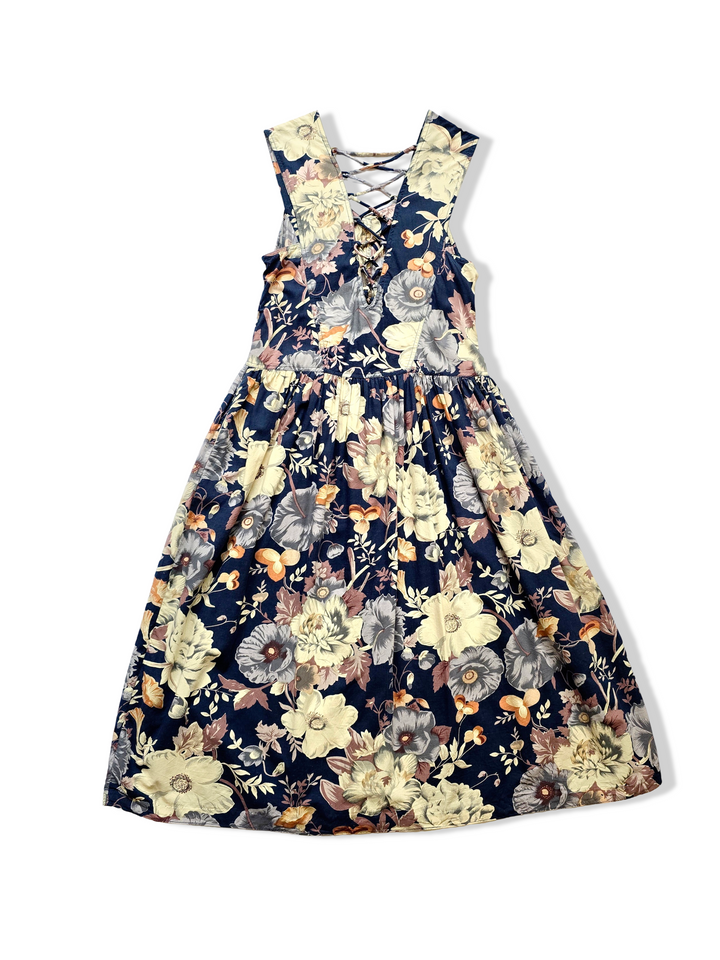 Vintage 80s Navy Button Down Bold Floral Print Dress - XS/S