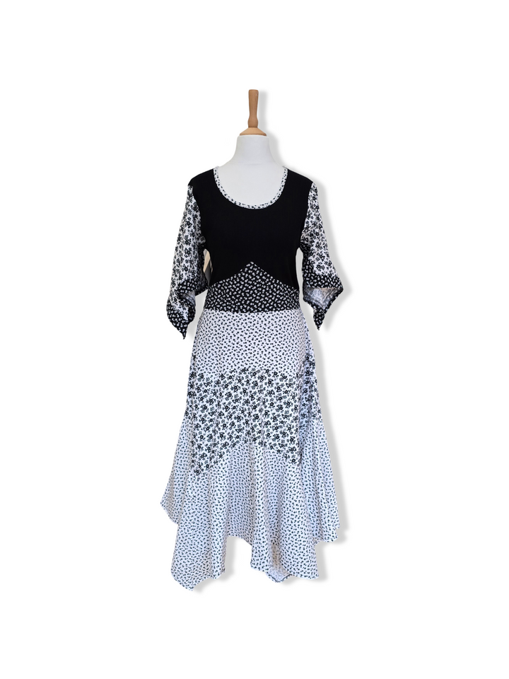Vintage 70s Black and White Floral Print Handkerchief Hem Prairie Midi Dress - M/L