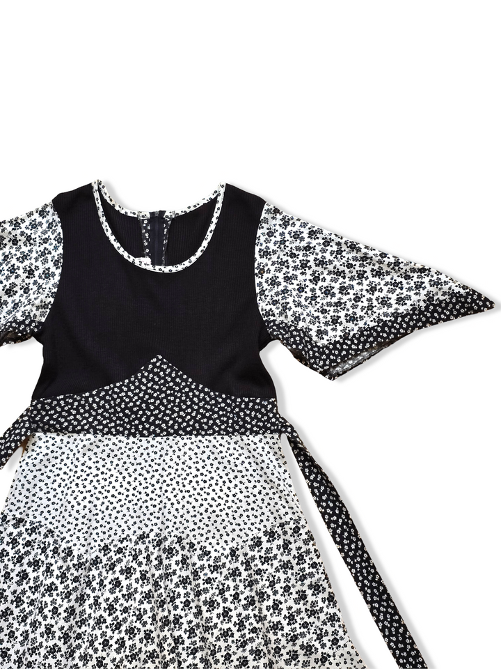 Vintage 70s Black and White Floral Print Handkerchief Hem Prairie Midi Dress - M/L