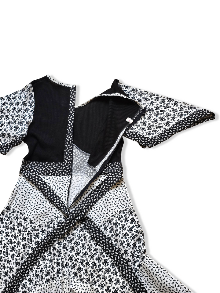 Vintage 70s Black and White Floral Print Handkerchief Hem Prairie Midi Dress - M/L