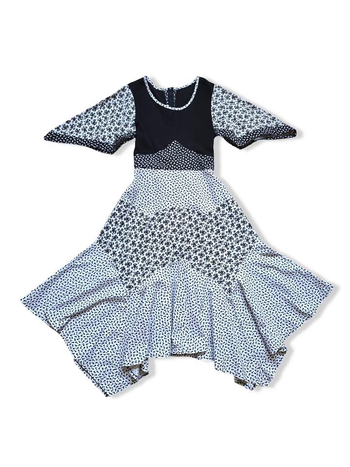Vintage 70s Black and White Floral Print Handkerchief Hem Prairie Midi Dress - M/L