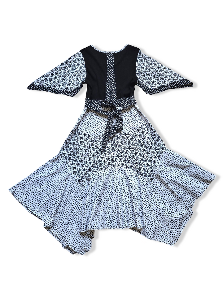 Vintage 70s Black and White Floral Print Handkerchief Hem Prairie Midi Dress - M/L