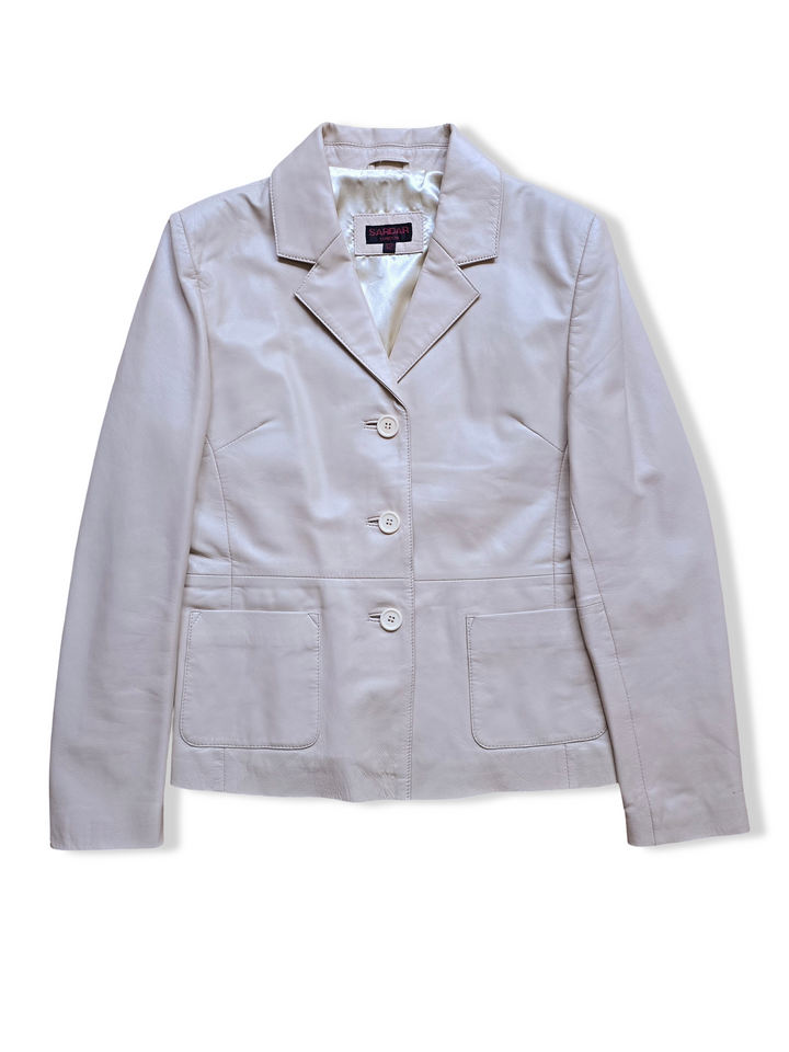 Vintage Cream Leather Blazer Jacket - S