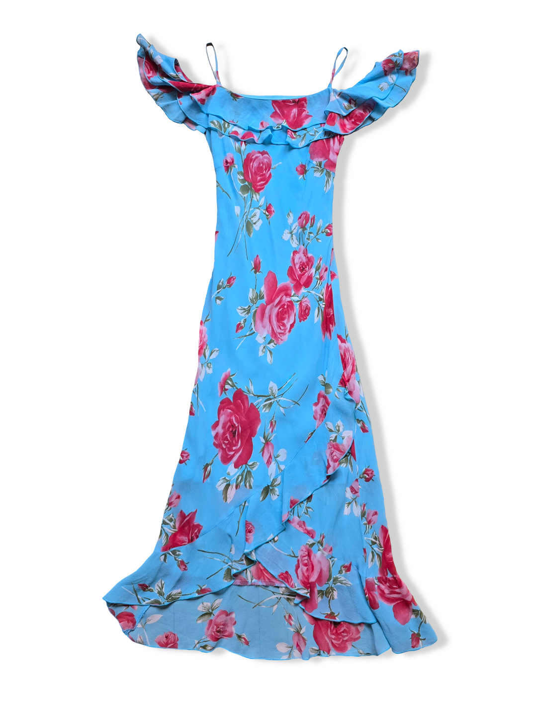 Vintage Blue Bold Floral Print Off the Shoulder Midi Dress - XS/S