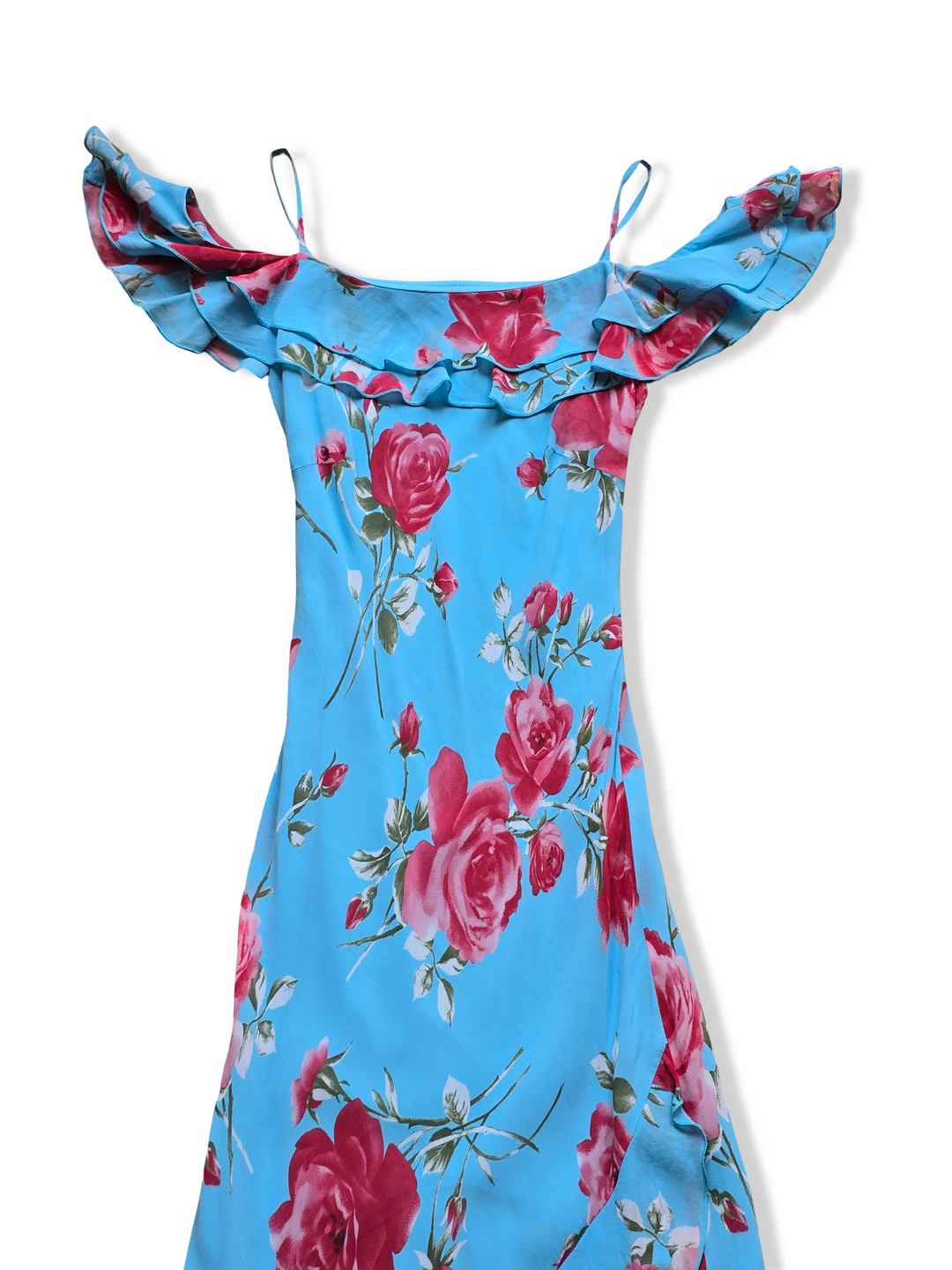 Vintage Blue Bold Floral Print Off the Shoulder Midi Dress - XS/S