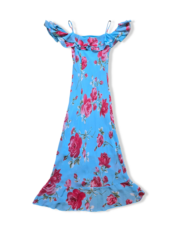 Vintage Blue Bold Floral Print Off the Shoulder Midi Dress - XS/S