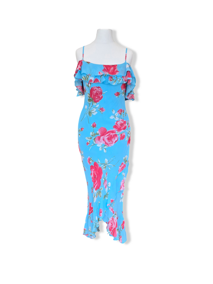 Vintage Blue Bold Floral Print Off the Shoulder Midi Dress - XS/S