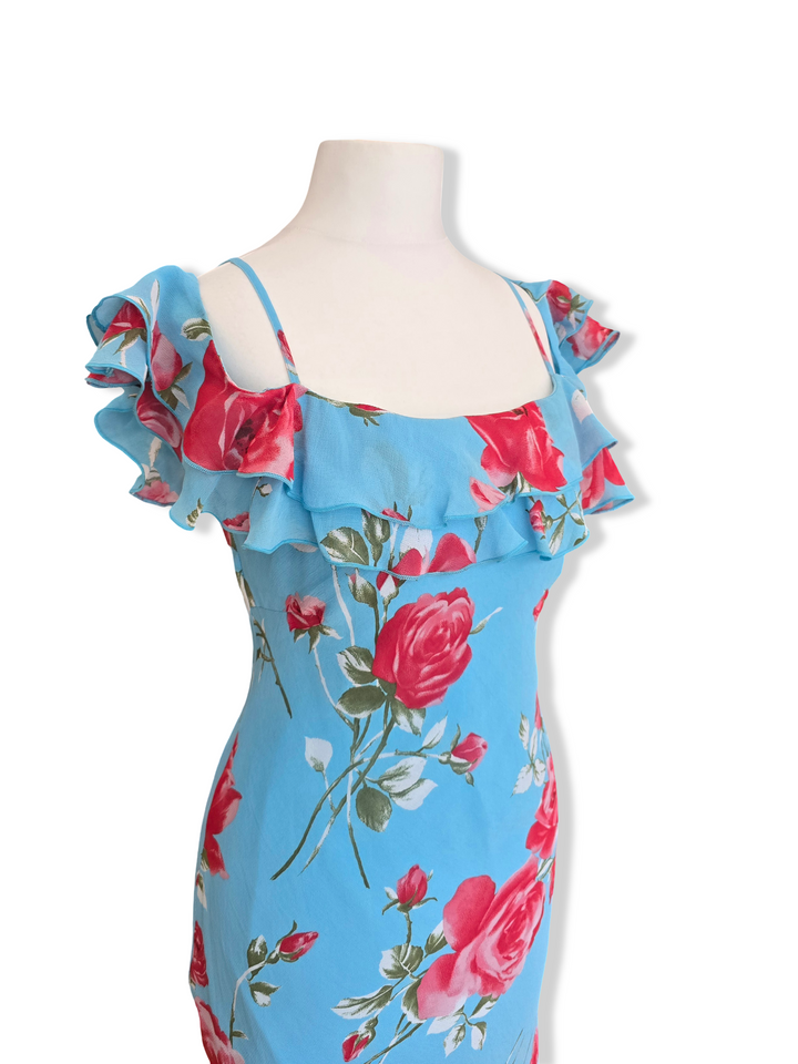 Vintage Blue Bold Floral Print Off the Shoulder Midi Dress - XS/S