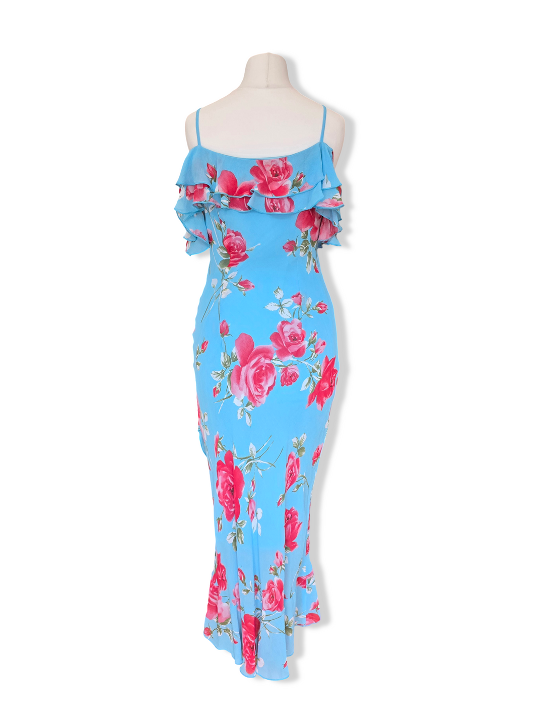 Vintage Blue Bold Floral Print Off the Shoulder Midi Dress - XS/S
