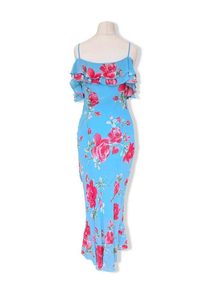 Vintage Blue Bold Floral Print Off the Shoulder Midi Dress - XS/S