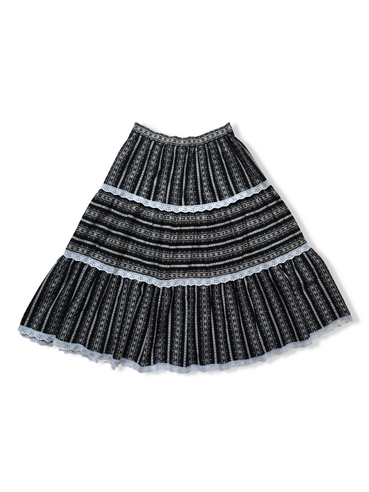 Vintage Black and White Print Tiered Midi Skirt - XS