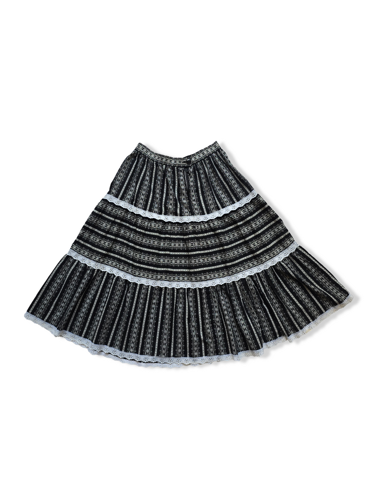 Vintage Black and White Print Tiered Midi Skirt - XS