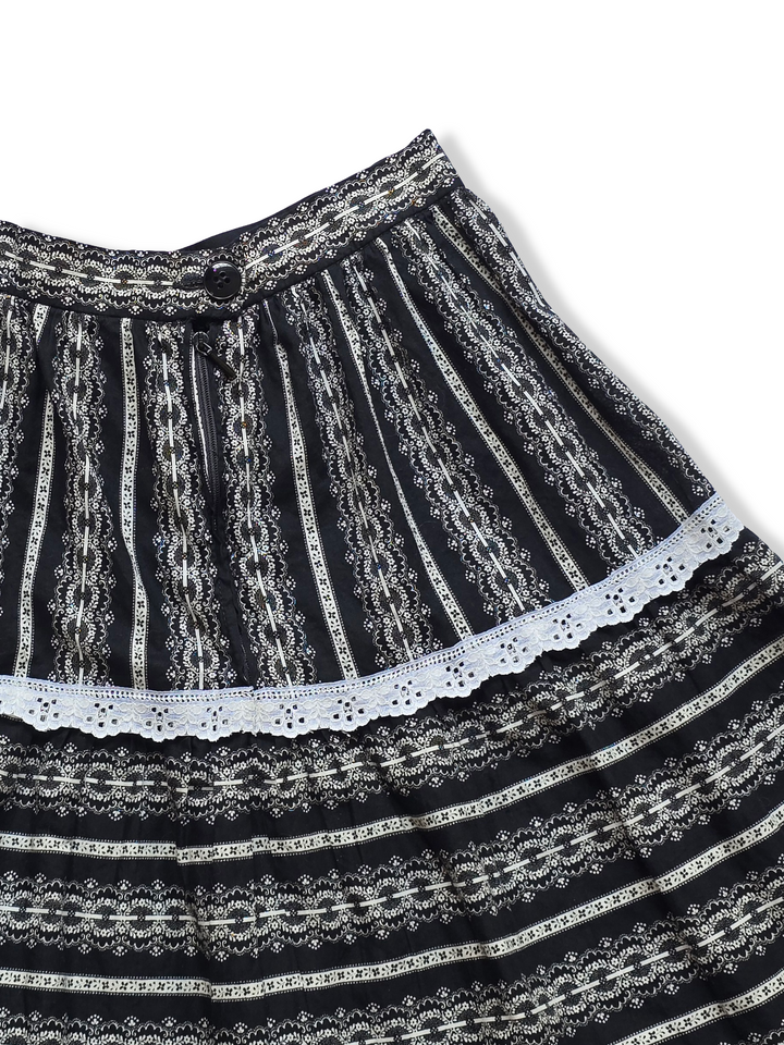 Vintage Black and White Print Tiered Midi Skirt - XS