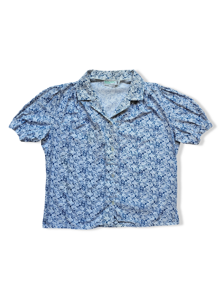 Vintage Blue and White Floral Print Cotton Blouse - M