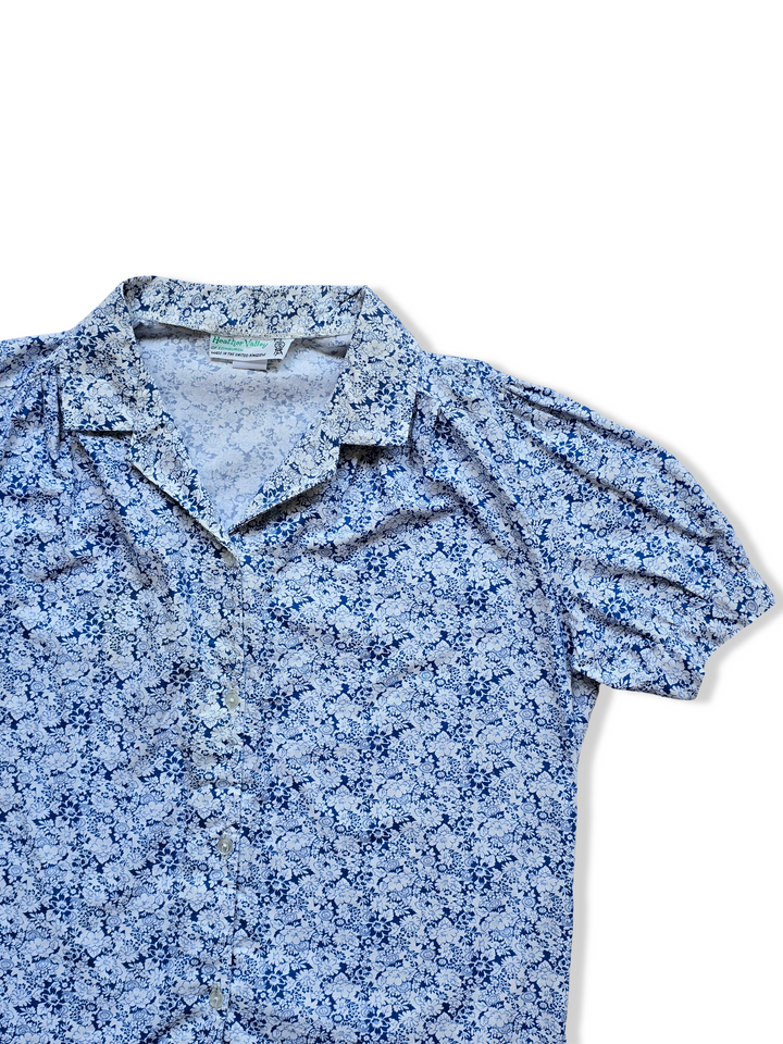 Vintage Blue and White Floral Print Cotton Blouse - M
