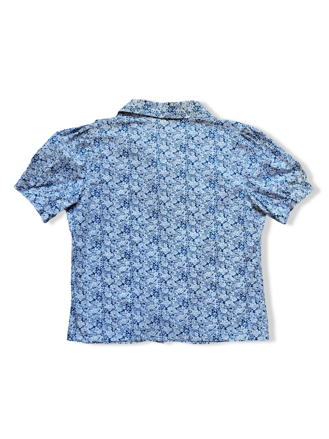 Vintage Blue and White Floral Print Cotton Blouse - M