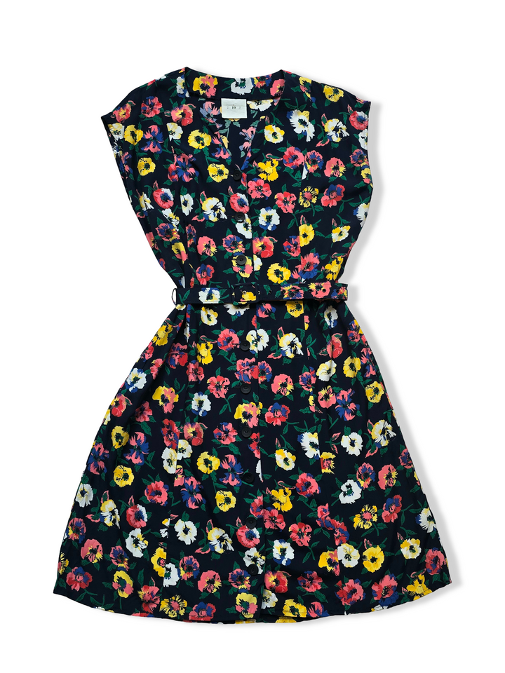 Vintage Floral Print Button Up Midi Dress - M