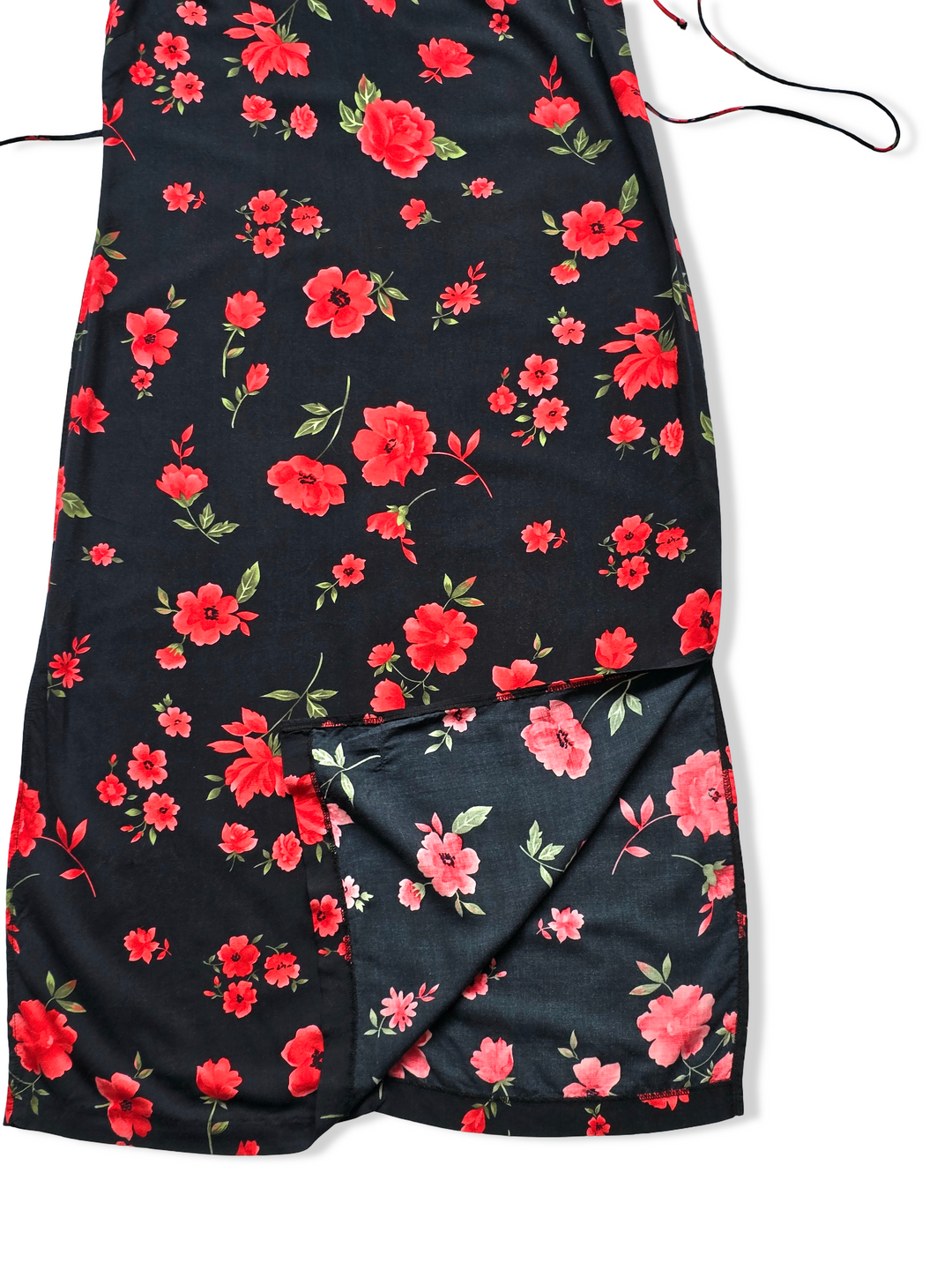 Vintage Black and Red Bold Floral Print Midi Dress - M